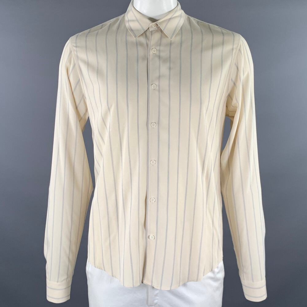 SANDRO Size XL Cream Blue Stripe Viscose Long Sleeve Shirt
